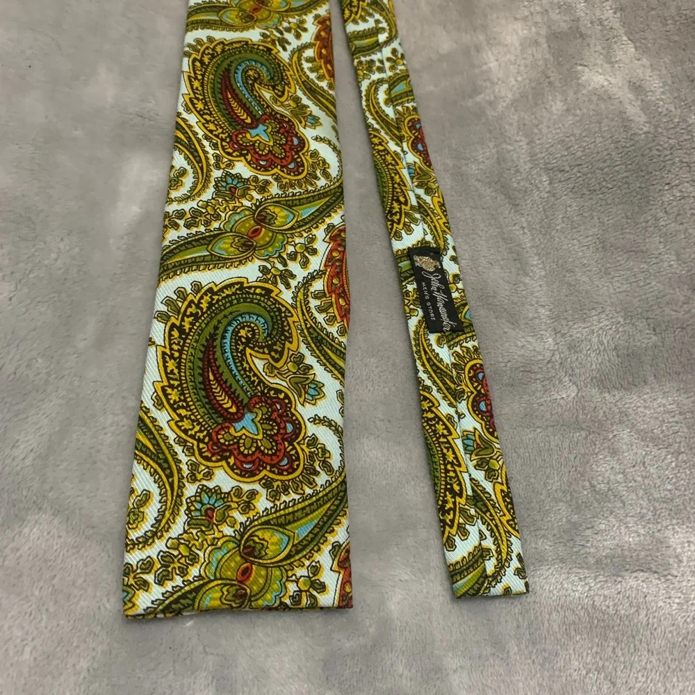 Vtg Rooster‎ John Wanamaker Paisley Neck Tie Green Gold Hand Printed Square End